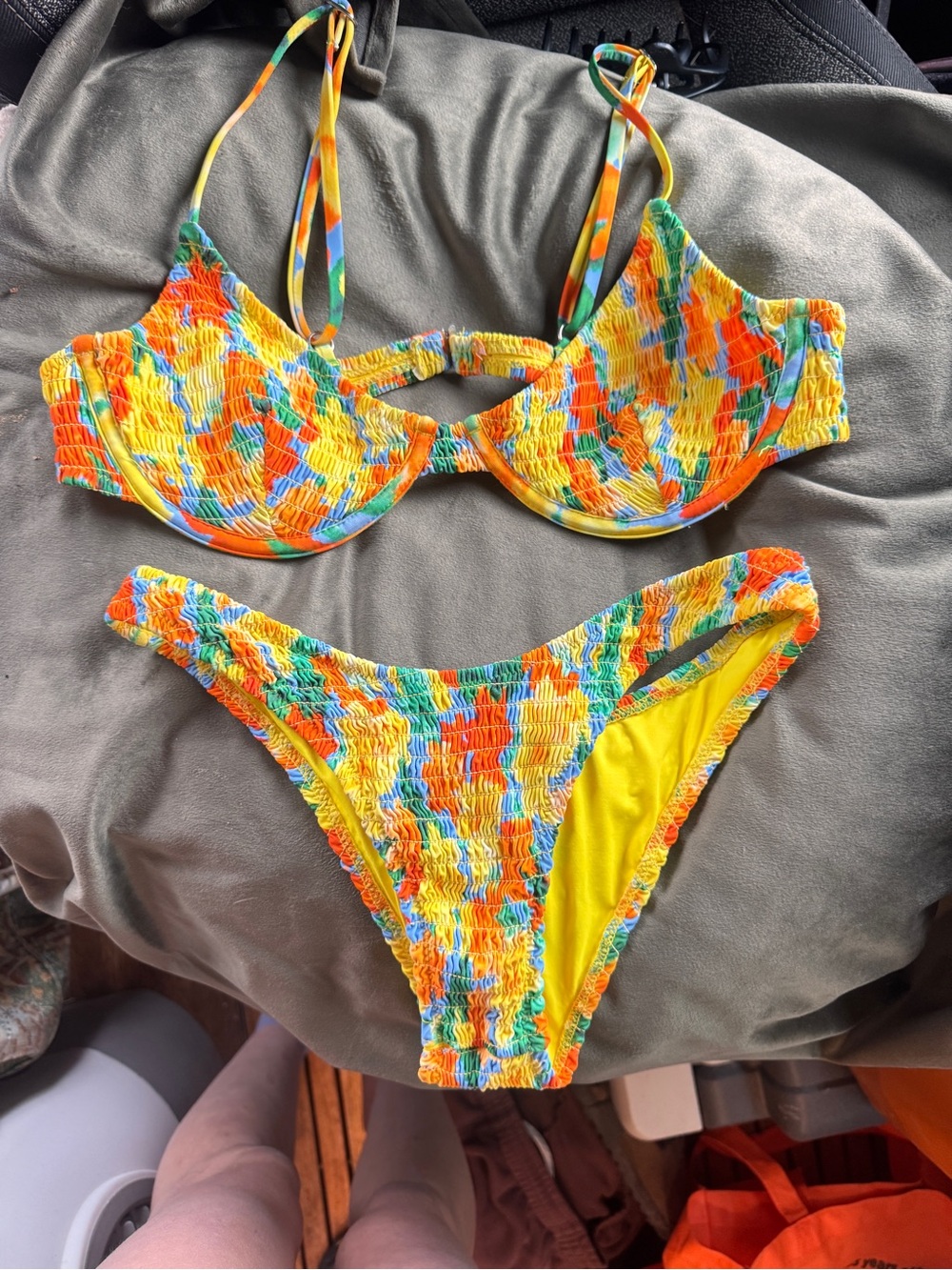 Vibrant Yellow Floral Multicolor Smocked Bikini Set